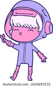 cartoon spacegirl making peace sign in bright neon colors