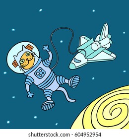 Cartoon spaceman cat. Vector Illustration. Freehand Digital Outline Drawing.