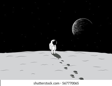 Cartoon spaceman explore a moon.Childish hand drawn vector illustration.