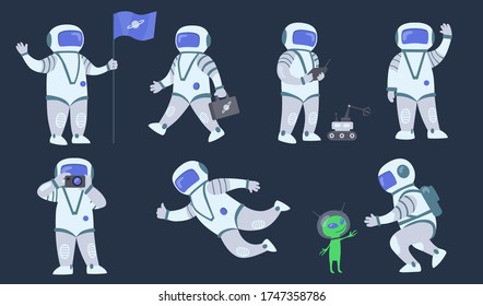 Cartoon spaceman flat icon set. Space explorer, cosmonaut or astronaut in spacesuit flying and walking isolated vector illustration collection. Galaxy, exploring, moon and planet concept