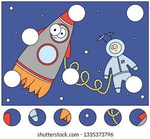 Cartoon spaceman and rocket in the open space. Complete the puzzle and find the missing parts of the picture. Educational game for kids