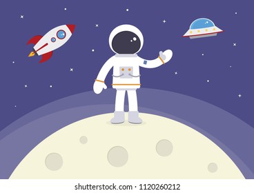 A cartoon spaceman standing on the moon.
