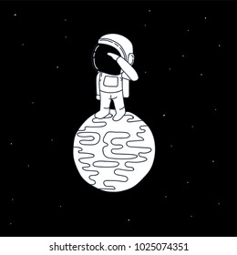 Cartoon spaceman standing on a red planet. Childish vector illustration