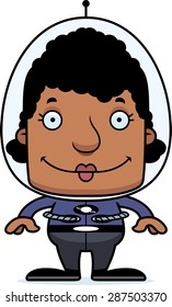 A cartoon spaceman woman smiling.