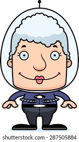 A cartoon spaceman woman smiling.