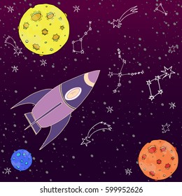 Cartoon space,planets, moon, rocket.Design element for  poster, t-shirt 
