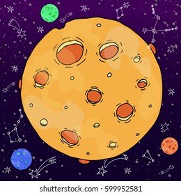 Cartoon space,planets, moon.Design element for  poster, t-shirt