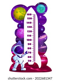 Cartoon spaceship and astronaut kids height chart, growth meter. Vector wall sticker with space planets and cute cosmonaut. Children height measurement scale with rocket, galaxy and spaceman character