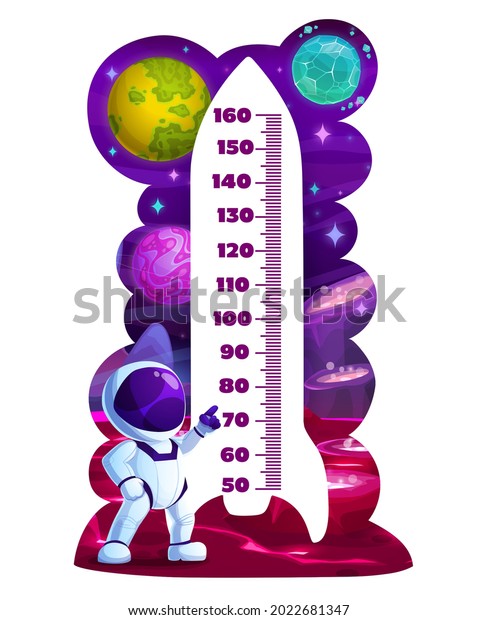 Cartoon spaceship and astronaut kids height\
chart, growth meter. Vector wall sticker with space planets and\
cute cosmonaut. Children height measurement scale with rocket,\
galaxy and spaceman\
character