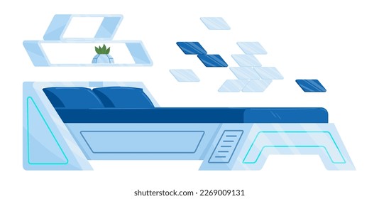 Cartoon spaceship bedroom. Futuristic cosmic ship interior room with bed, shelves and plant, cozy futuristic bedroom flat vector illustration