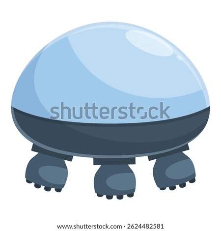 Cartoon spaceship with a blue dome is hovering on four legs