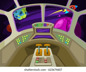 Cartoon spaceship cabin interior with windows into space with alien planets vector illustration. Interior of spaceship or rocket