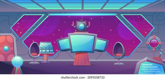 Cartoon Spaceship Center Room Interior With Monitor And Control Panel. Futuristic Cosmic Alien Ship Cockpit For Video Game Vector Background. Illustration Of Spacecraft Equipment Interstellar