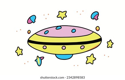 Cartoon Spaceship-Kinderillustrationen und VektorPoster-Design