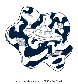 Cartoon Spaceship Coloring Page
Line art Spacecraft and stars sketch. UFO illustration for coloring book, logo, print, nursery decor, Sticker, Card