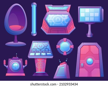 Cartoon spaceship control panels, chair, door and porthole. Futuristic furniture. Cosmic ship digital cockpit. Game space station vector set. Illustration of spaceship panel control computer