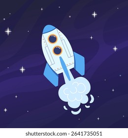 Cartoon spaceship in cosmos. Space travel by rocket. Shuttle for exploring the universe. Vector illustration