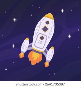 Cartoon spaceship in cosmos. Space travel by rocket. Starship for space adventures. Vector illustration