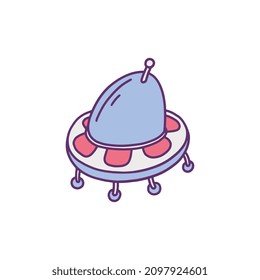 Cartoon spaceship or fantasy cosmic aliens rocket, hand drawn doodle colored vector illustration isolated on white background. Funny kids rocket or spaceship icon.