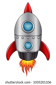 Cartoon spaceship with flame isolated on white background