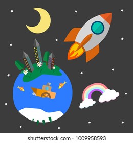 Cartoon spaceship flies into space