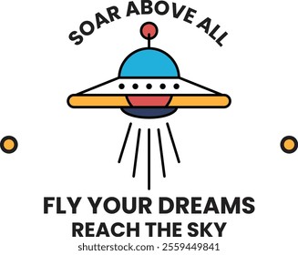 A cartoon of a spaceship flying above the clouds with the words soar above al