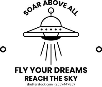 A cartoon of a spaceship flying above the clouds with the words soar above al