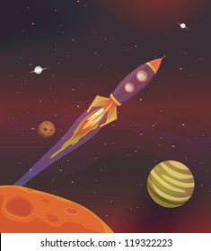 Cartoon Spaceship Flying Into Galaxy/ Illustration of a cartoon rocket spaceship flying into galaxy among planets and solar system