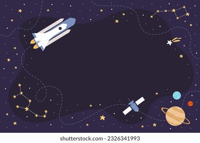 Cartoon spaceship flying in night sky to explore galaxy along route line, blue cosmos background with constellation pattern, planets solar system stars. Space exploration vector illustration