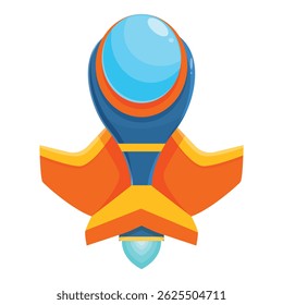 Cartoon spaceship flying in the sky with the engine ignited