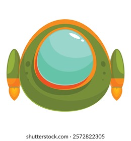 Cartoon spaceship flying in the space with a big front window