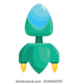 Cartoon spaceship flying in space with blue window and yellow flames