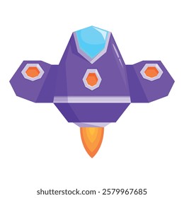 Cartoon spaceship flying in space with the engine burning