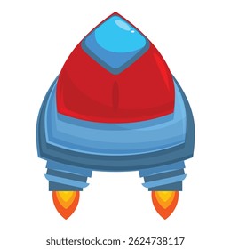 Cartoon spaceship flying in space with engine exhaust flames