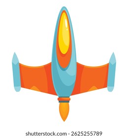 Cartoon spaceship flying in space with engine burning fuel