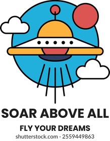 A cartoon of a spaceship flying through the sky with the words Sail Above All