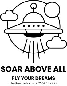 A cartoon of a spaceship flying through the sky with the words Sail Above All