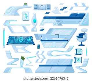 Cartoon Raumschiff futuristische Möbel. Cosmic Schiff Interior Gateway, Control Panel, Porthole und futuristische Geräte flach Vektorgrafik Set. Raumstation-Indoor-Kollektion