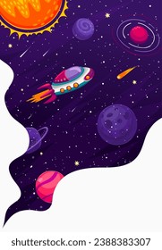 Cartoon spaceship in galaxy. Starry space landscape. Vector futuristic shuttle engine or spacecraft travel in Universe explore alien planets, stars and asteroids. Starship cosmic exploration mission