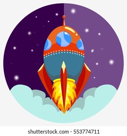 Cartoon spaceship icon. Launch concept.