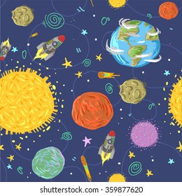 Cartoon spaceship icons. Kid's elements for scrap-booking. Childish background. Hand drawn vector illustration.