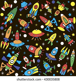 Cartoon spaceship icons. Kid's elements for scrap-booking. Hand drawn vector illustration.