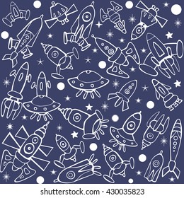 Cartoon spaceship icons. Kid's elements for scrap-booking. Hand drawn vector illustration.