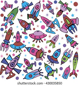 Cartoon spaceship icons. Kid's elements for scrap-booking. Hand drawn vector illustration.