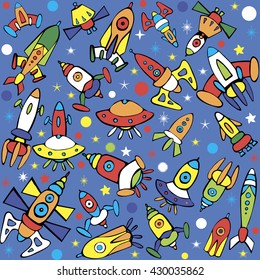 Cartoon spaceship icons. Kid's elements for scrap-booking. Hand drawn vector illustration.