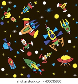 Cartoon spaceship icons. Kid's elements for scrap-booking. Hand drawn vector illustration.