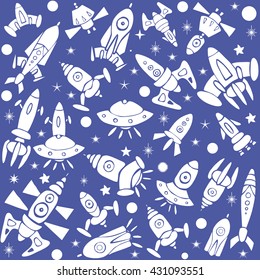 Cartoon spaceship icons. Kid's elements for scrap-booking. Hand drawn vector illustration.