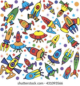 Cartoon spaceship icons. Kid's elements for scrap-booking. Hand drawn vector illustration.