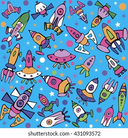 Cartoon spaceship icons. Kid's elements for scrap-booking. Hand drawn vector illustration.