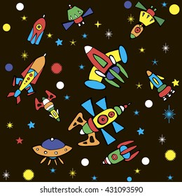 Cartoon spaceship icons. Kid's elements for scrap-booking. Hand drawn vector illustration.